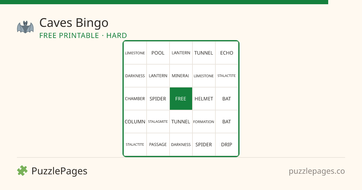 Caves Hard printable bingo preview — free to print from PuzzlePages