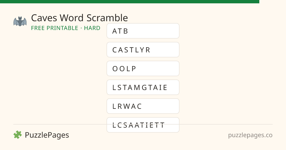 Caves Hard printable word scramble preview — free to print from PuzzlePages