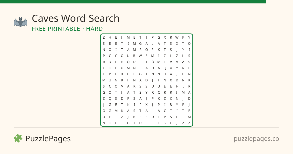 Caves Hard printable word search preview — free to print from PuzzlePages