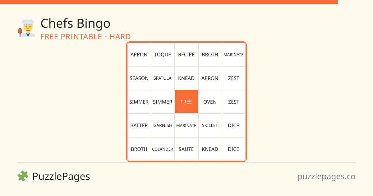 Chefs Hard printable bingo preview — free to print from PuzzlePages