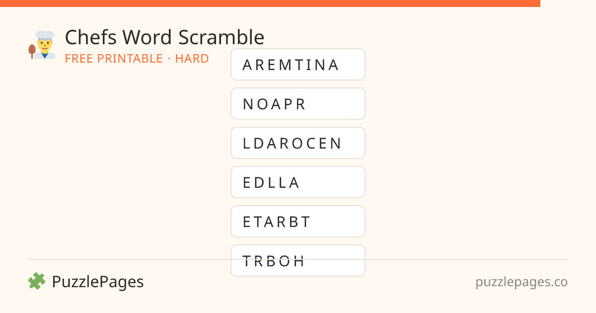 Chefs Hard printable word scramble preview — free to print from PuzzlePages