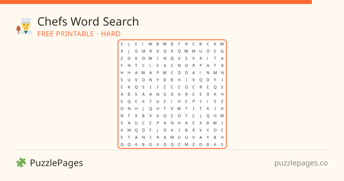 Chefs Hard printable word search preview — free to print from PuzzlePages