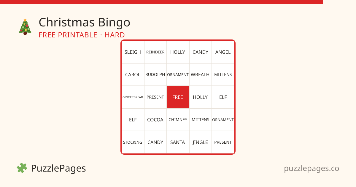 Christmas Hard printable bingo preview — free to print from PuzzlePages