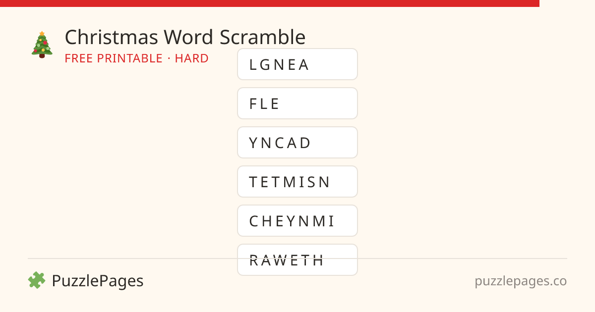 Christmas Hard printable word scramble preview — free to print from PuzzlePages