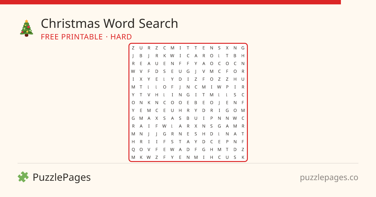 Christmas Hard printable word search preview — free to print from PuzzlePages