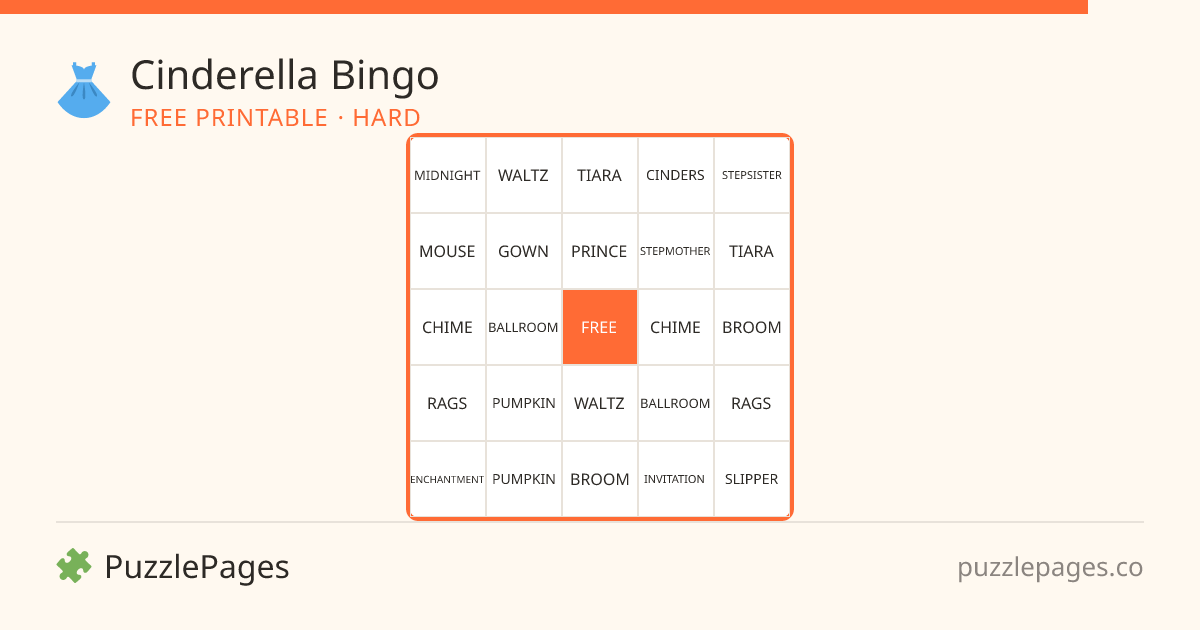 Cinderella Hard printable bingo preview — free to print from PuzzlePages