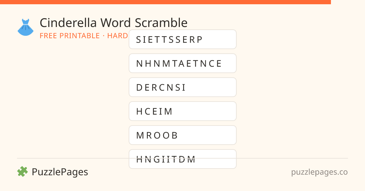 Cinderella Hard printable word scramble preview — free to print from PuzzlePages