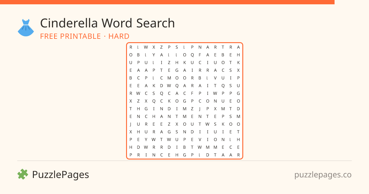 Cinderella Hard printable word search preview — free to print from PuzzlePages
