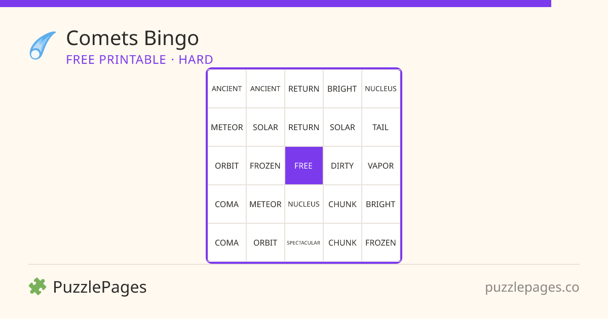 Comets Hard printable bingo preview — free to print from PuzzlePages