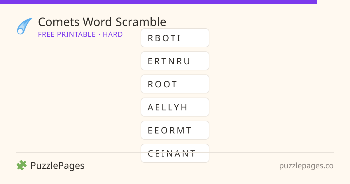 Comets Hard printable word scramble preview — free to print from PuzzlePages