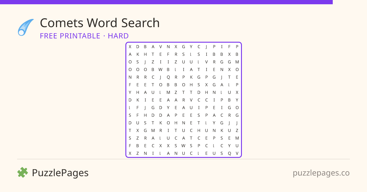 Comets Hard printable word search preview — free to print from PuzzlePages
