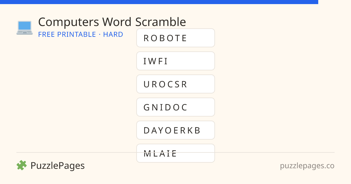 Computers Hard printable word scramble preview — free to print from PuzzlePages