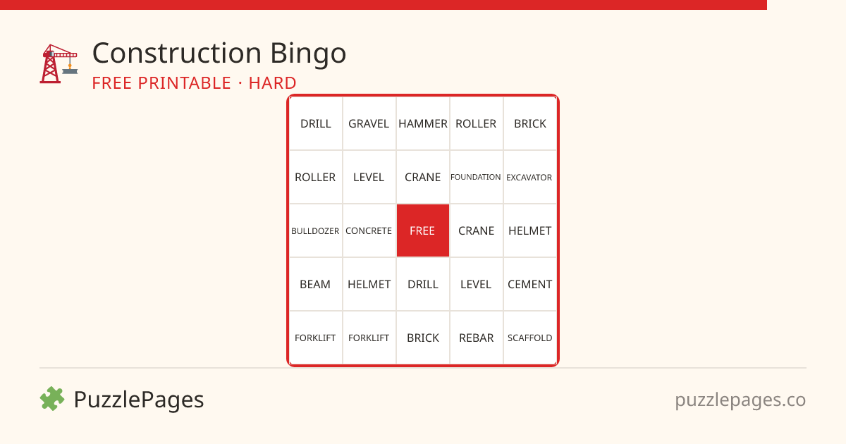 Construction Hard printable bingo preview — free to print from PuzzlePages