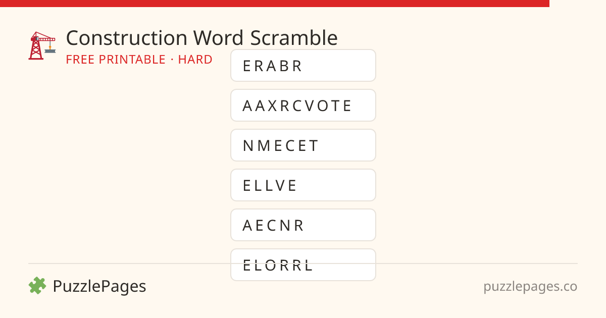 Construction Hard printable word scramble preview — free to print from PuzzlePages