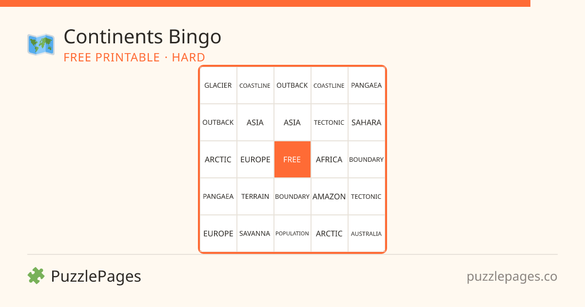 Continents Hard printable bingo preview — free to print from PuzzlePages