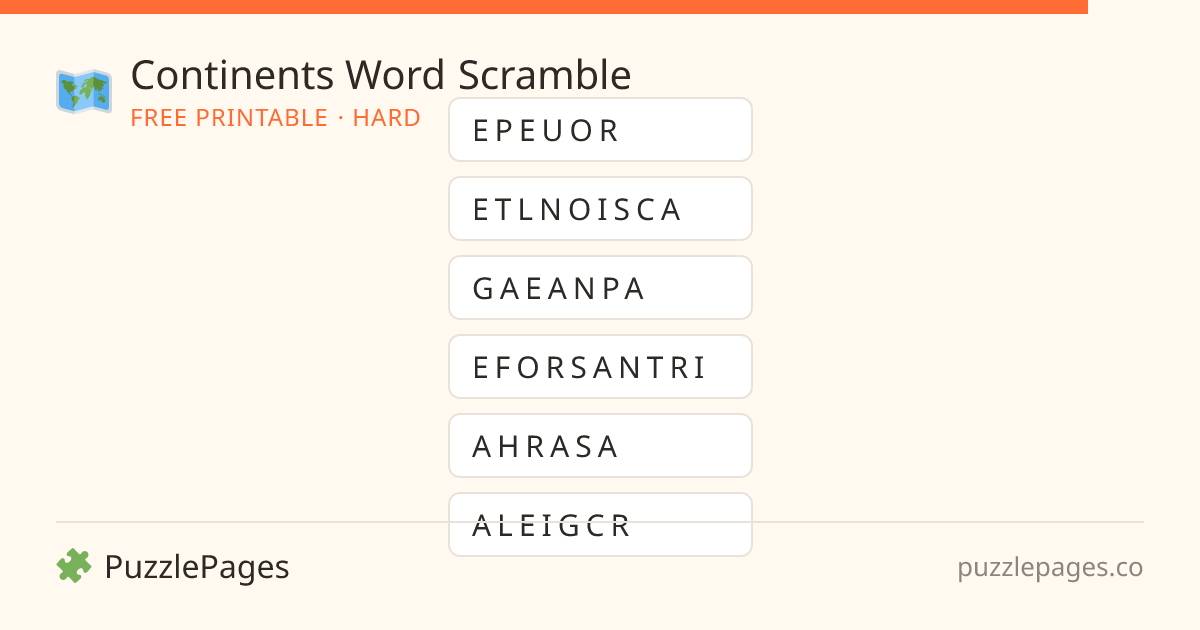 Continents Hard printable word scramble preview — free to print from PuzzlePages