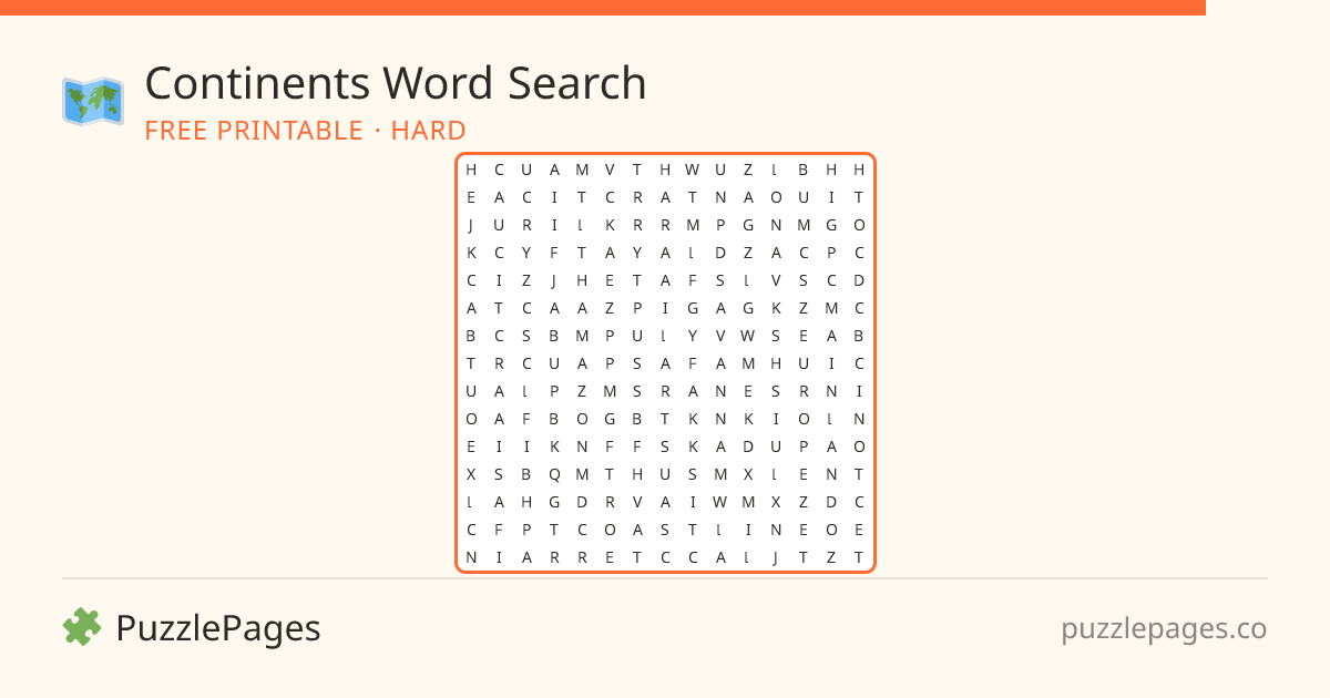 Continents Hard printable word search preview — free to print from PuzzlePages
