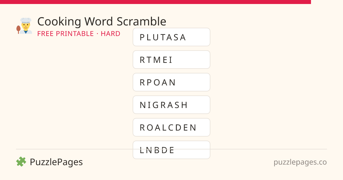 Cooking Hard printable word scramble preview — free to print from PuzzlePages