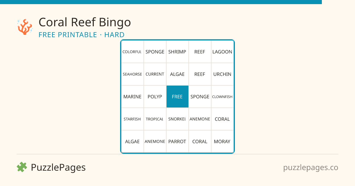 Coral Reef Hard printable bingo preview — free to print from PuzzlePages