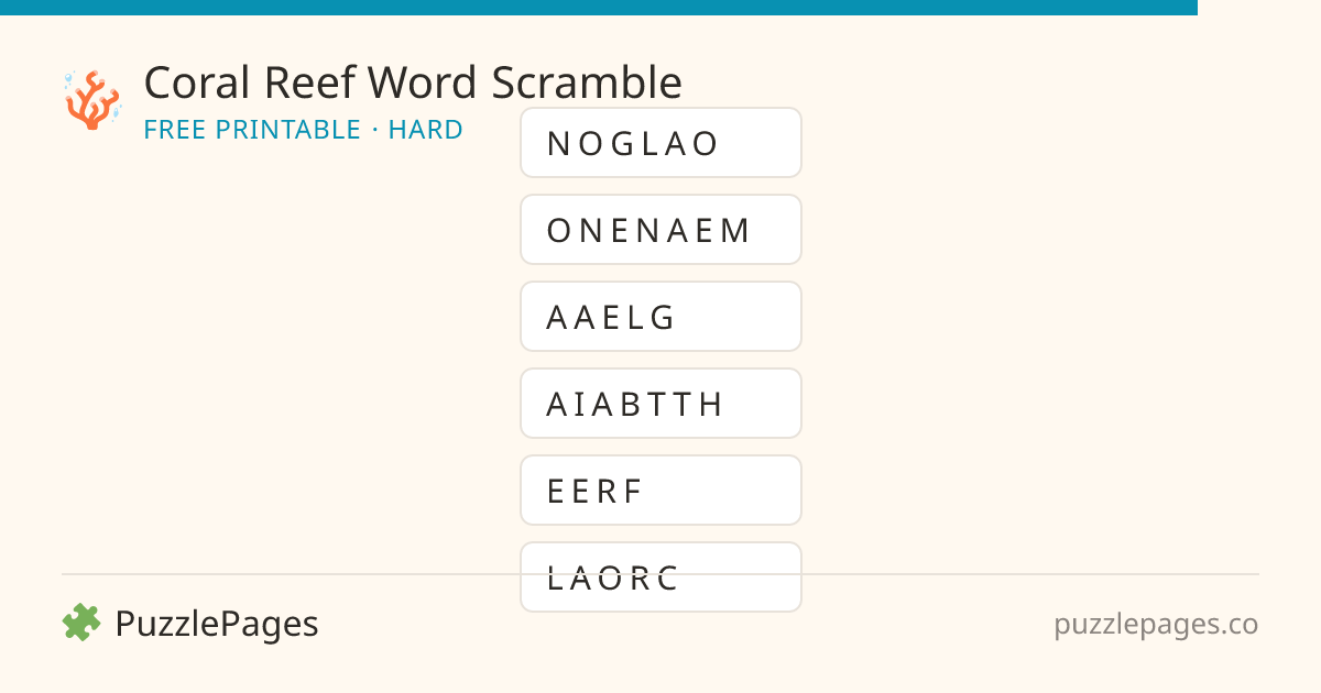 Coral Reef Hard printable word scramble preview — free to print from PuzzlePages