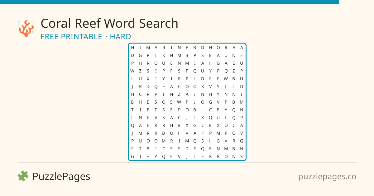 Coral Reef Hard printable word search preview — free to print from PuzzlePages