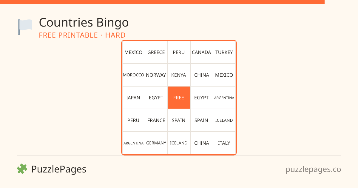 Countries Hard printable bingo preview — free to print from PuzzlePages