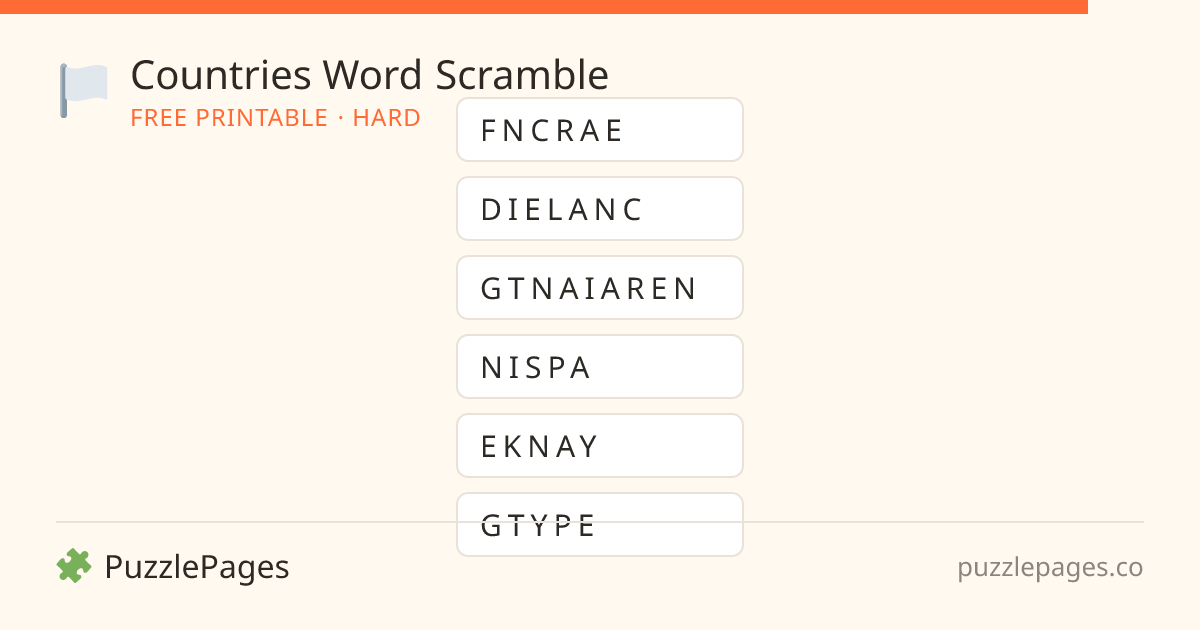 Countries Hard printable word scramble preview — free to print from PuzzlePages