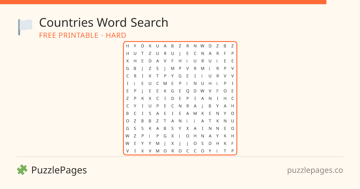 Countries Hard printable word search preview — free to print from PuzzlePages