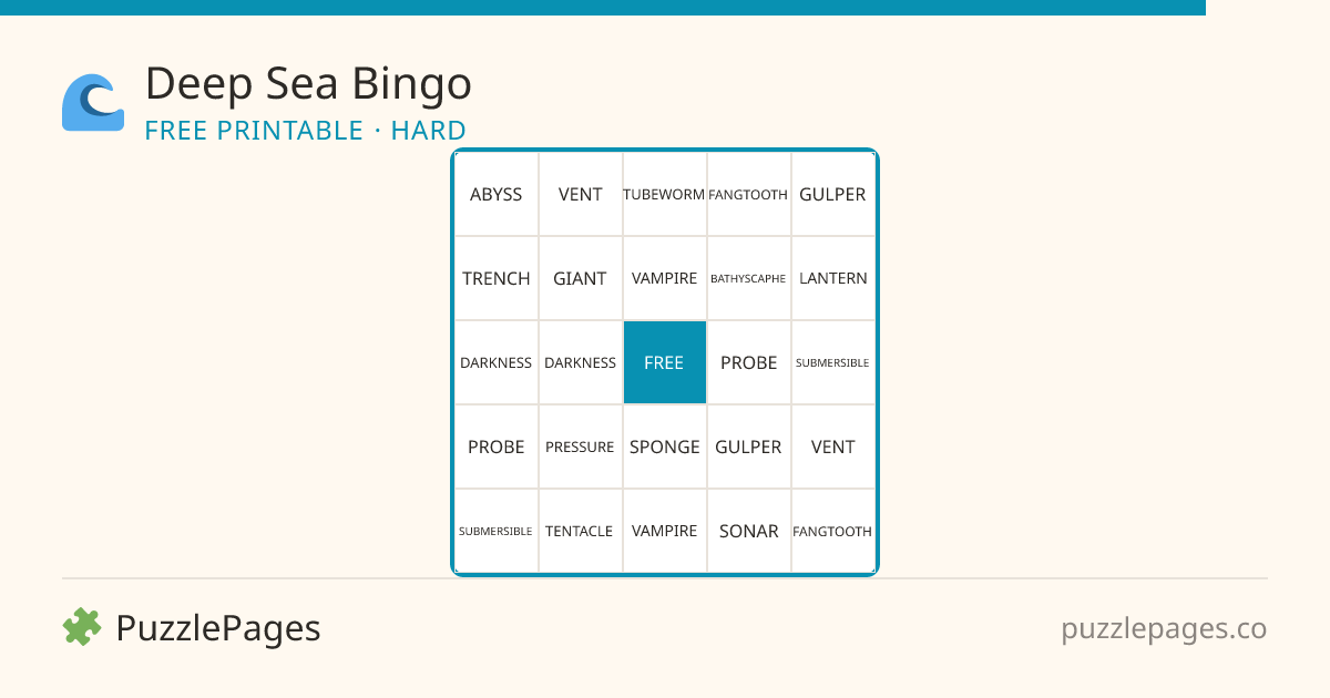 Deep Sea Hard printable bingo preview — free to print from PuzzlePages