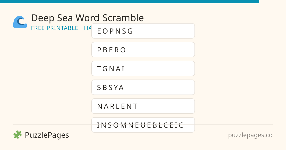 Deep Sea Hard printable word scramble preview — free to print from PuzzlePages