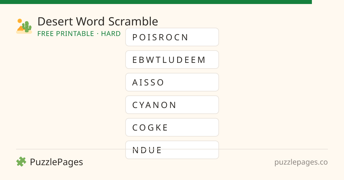 Desert Hard printable word scramble preview — free to print from PuzzlePages