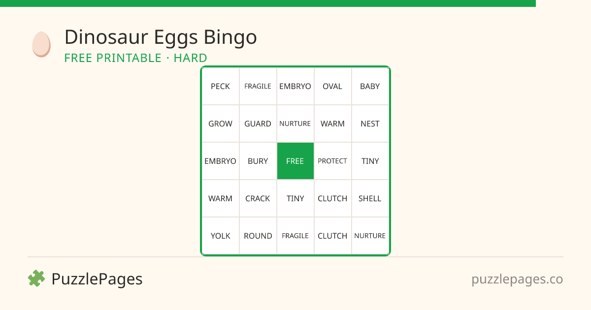 Dinosaur Eggs Hard printable bingo preview — free to print from PuzzlePages