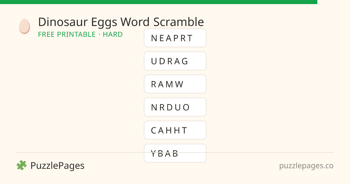 Dinosaur Eggs Hard printable word scramble preview — free to print from PuzzlePages