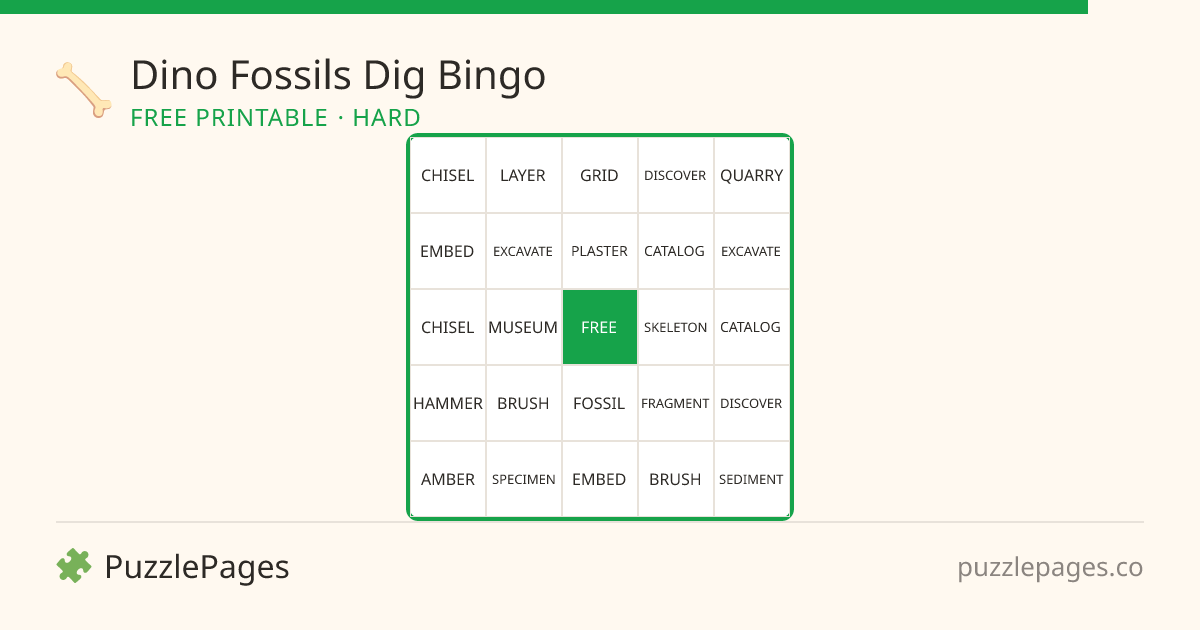 Dino Fossils Dig Hard printable bingo preview — free to print from PuzzlePages