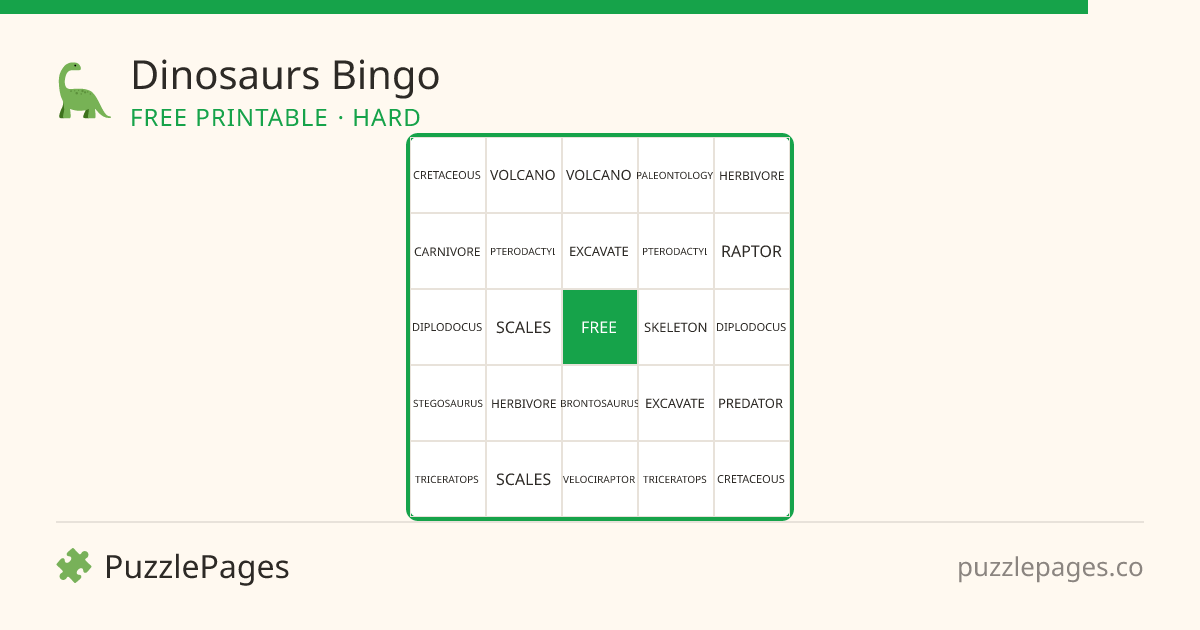 Dinosaurs Hard printable bingo preview — free to print from PuzzlePages