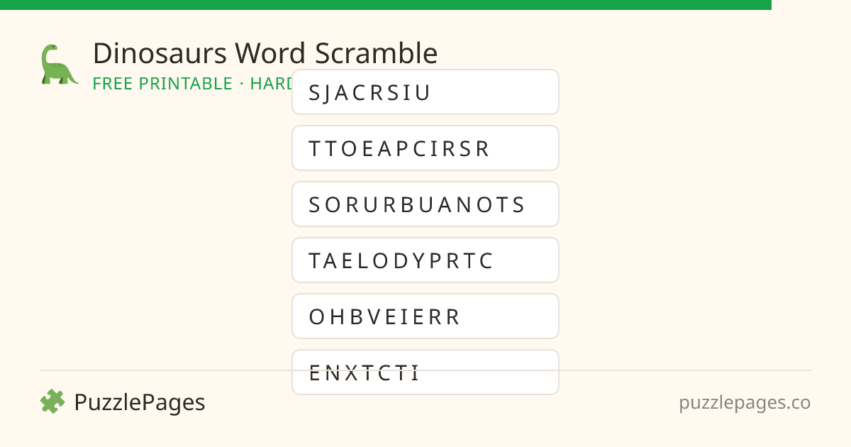 Dinosaurs Hard printable word scramble preview — free to print from PuzzlePages