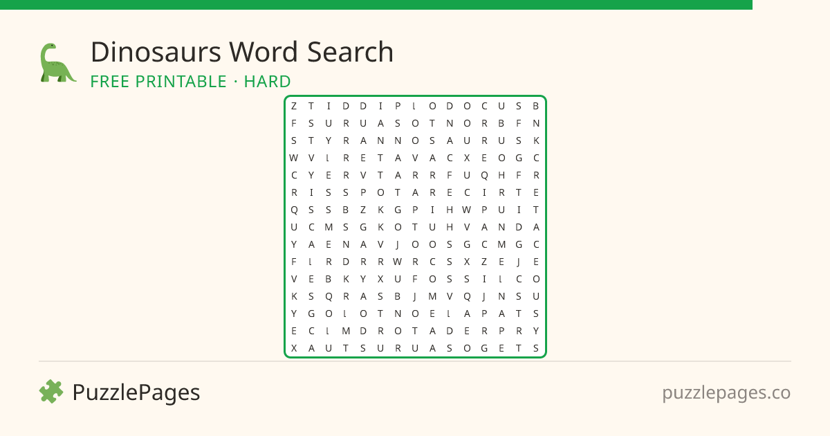 Dinosaurs Hard printable word search preview — free to print from PuzzlePages