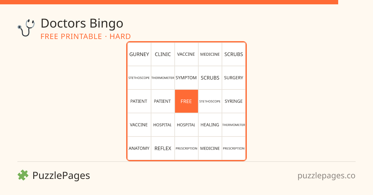 Doctors Hard printable bingo preview — free to print from PuzzlePages