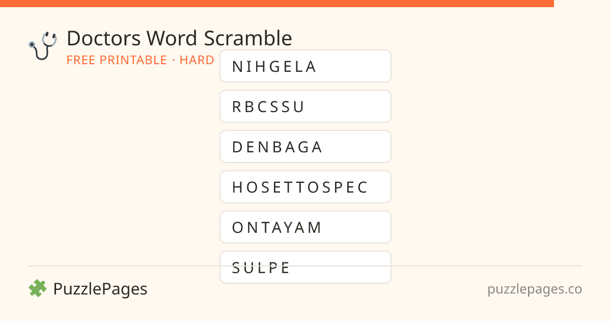 Doctors Hard printable word scramble preview — free to print from PuzzlePages
