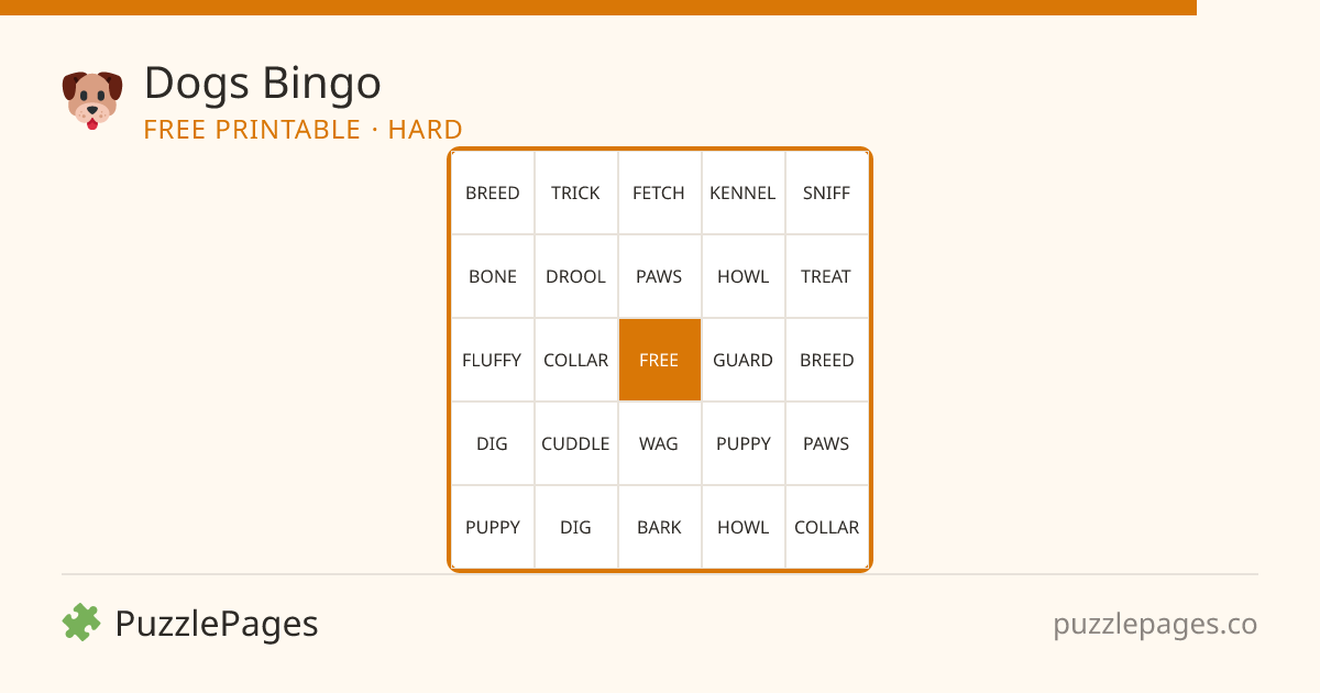Dogs Hard printable bingo preview — free to print from PuzzlePages