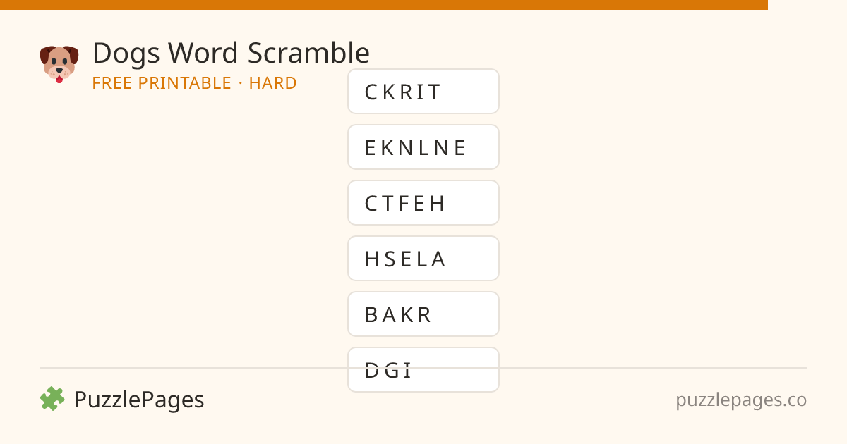Dogs Hard printable word scramble preview — free to print from PuzzlePages