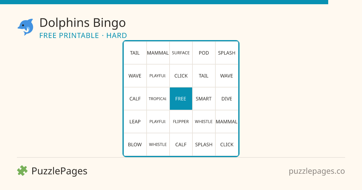 Dolphins Hard printable bingo preview — free to print from PuzzlePages