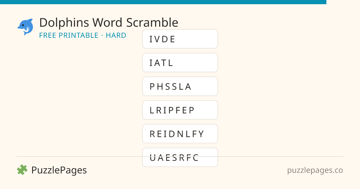 Dolphins Hard printable word scramble preview — free to print from PuzzlePages