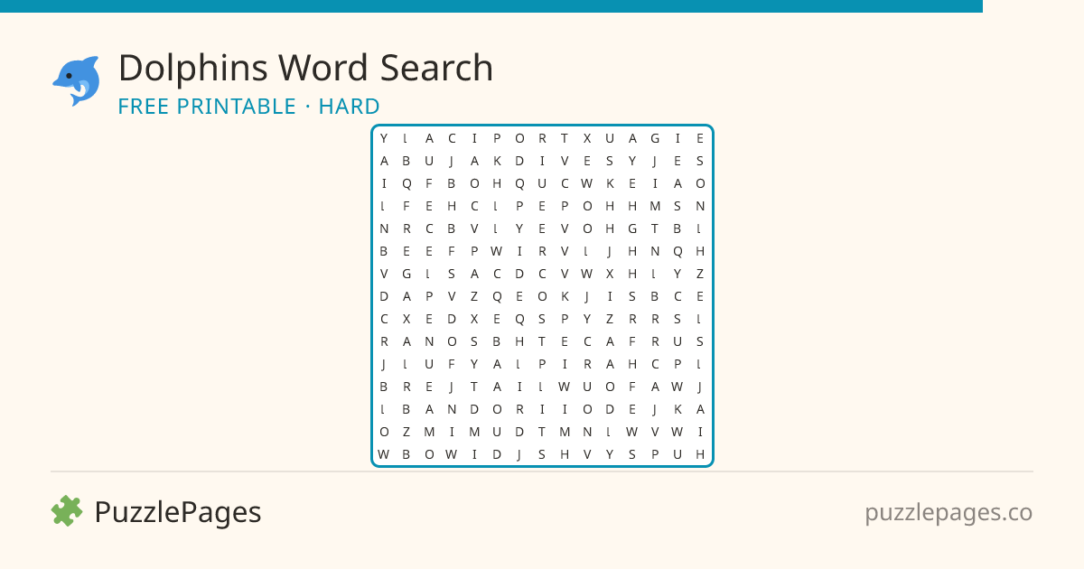 Dolphins Hard printable word search preview — free to print from PuzzlePages