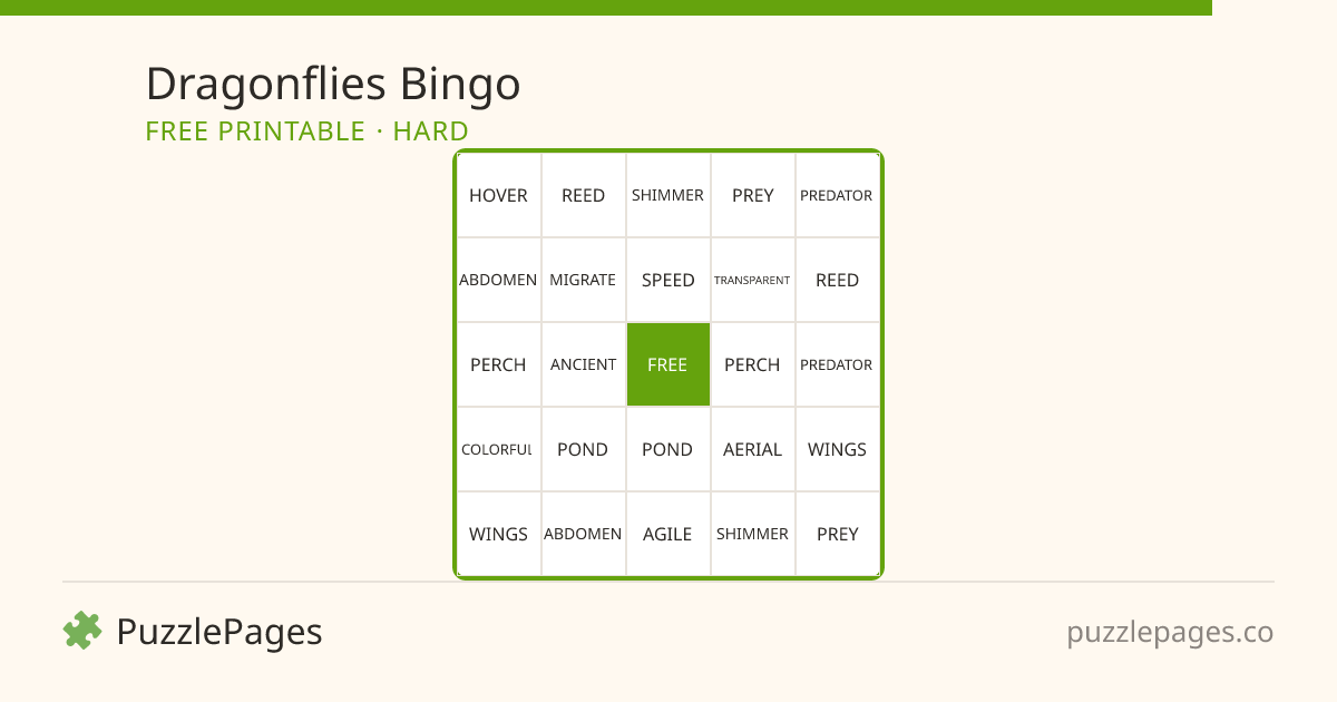 Dragonflies Hard printable bingo preview — free to print from PuzzlePages