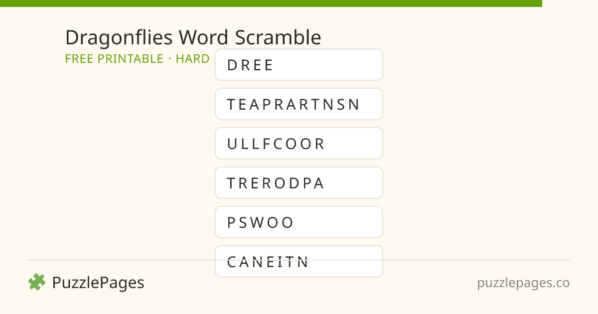 Dragonflies Hard printable word scramble preview — free to print from PuzzlePages