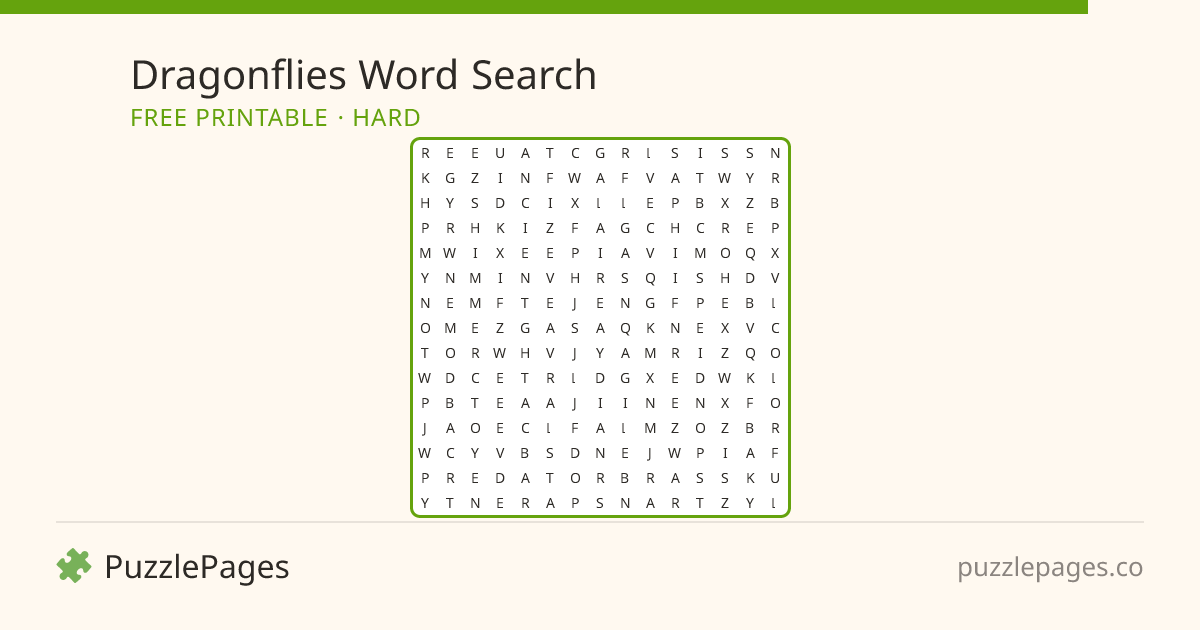 Dragonflies Hard printable word search preview — free to print from PuzzlePages