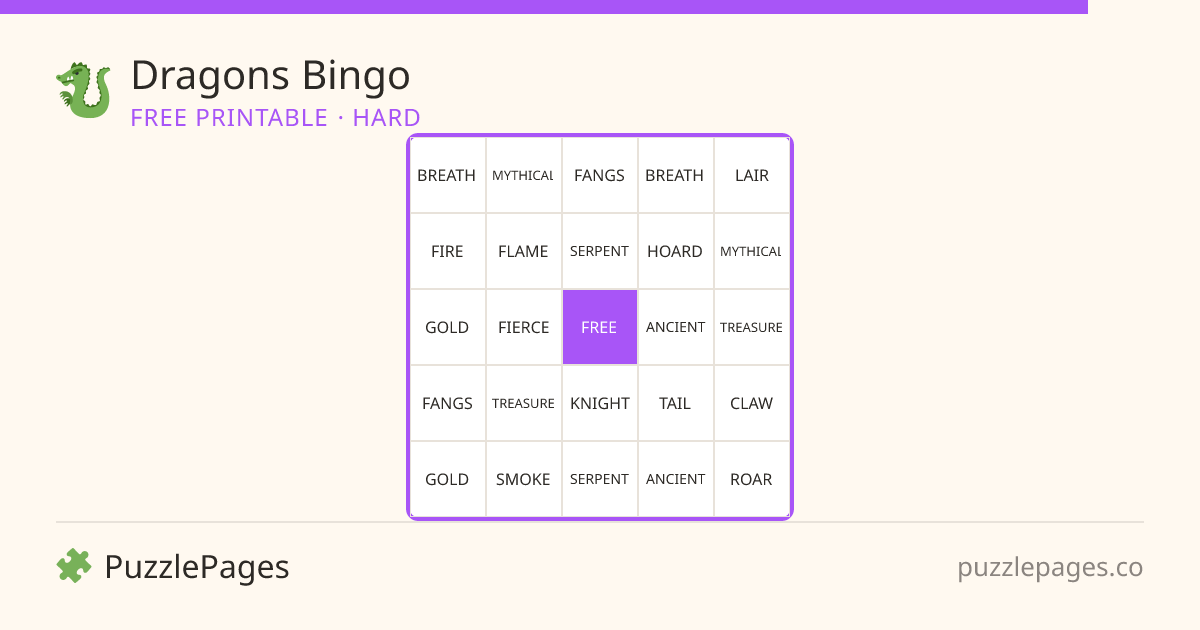 Dragons Hard printable bingo preview — free to print from PuzzlePages