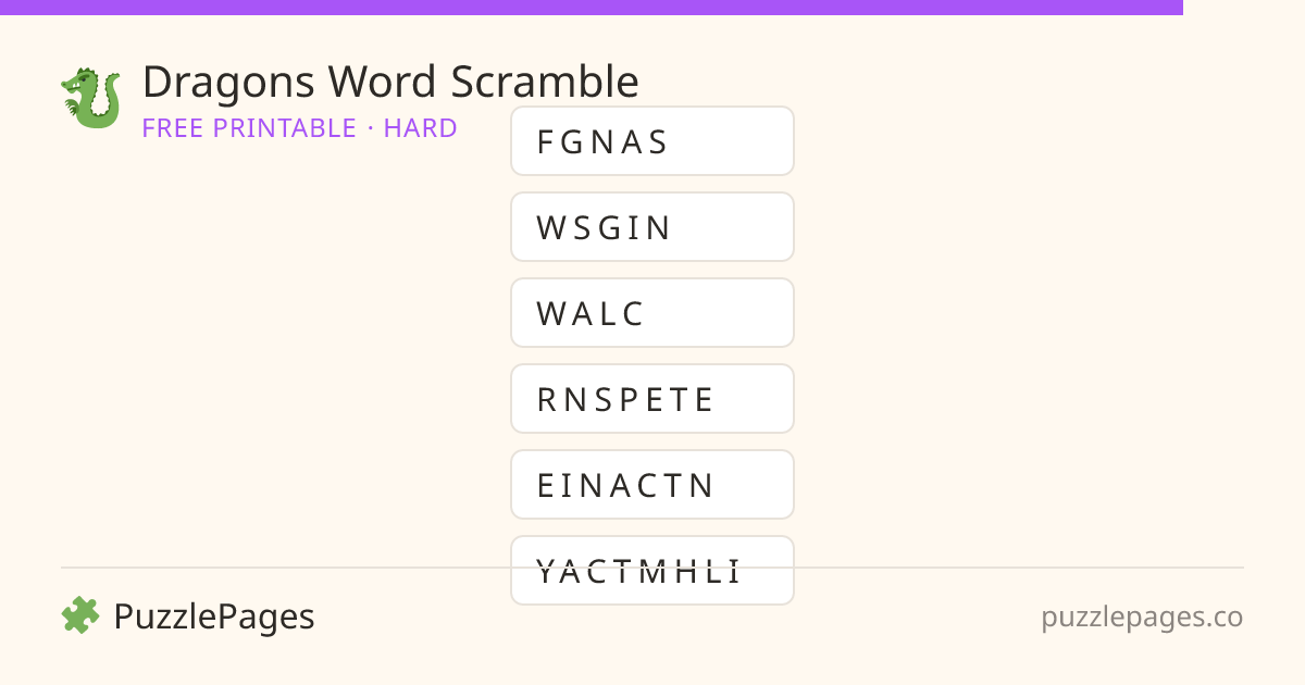 Dragons Hard printable word scramble preview — free to print from PuzzlePages