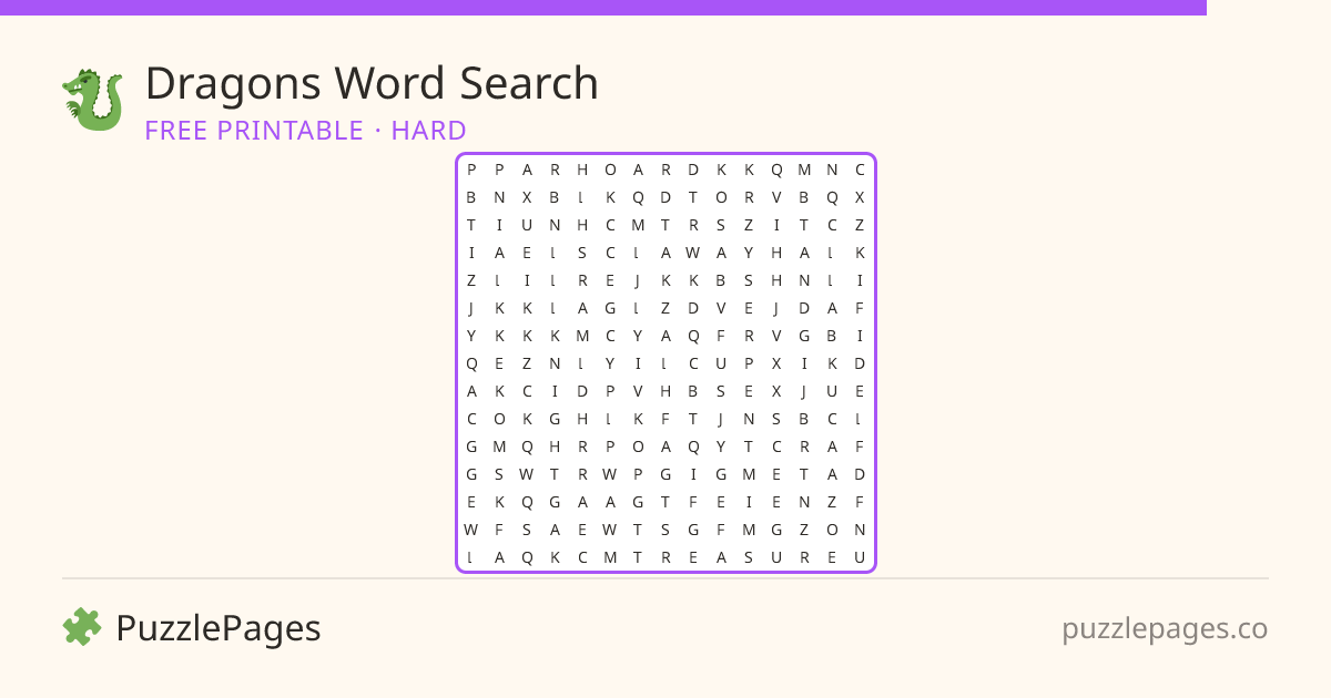 Dragons Hard printable word search preview — free to print from PuzzlePages